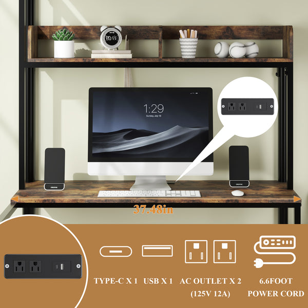 English Elm Bunk Twin-Over-Twin Loft Bed with Desk & Charging Station, Metal L-Shape Storage Shelves, Black W636P345065