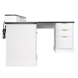 English Elm 59" Fluted Oak L-shaped Corner Desk with Charging Station Monitor Stand and File Storage White W2917S00004