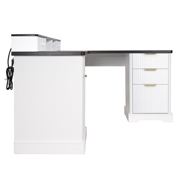 English Elm 59" Fluted Oak L-shaped Corner Desk with Charging Station Monitor Stand and File Storage White W2917S00004