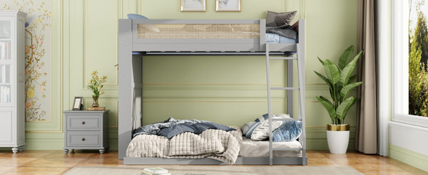 English Elm Twin Over Full Bunk Bed with Cane Guardrail Led Lighting and Built-in Bookshelf Gray LT000351AAE