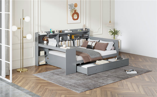 English Elm Full Size Wooden Daybed With 3 Storage Drawers, Built-In Desk & Usb Ports – Gray, Space-Saving Design N820S00018E
