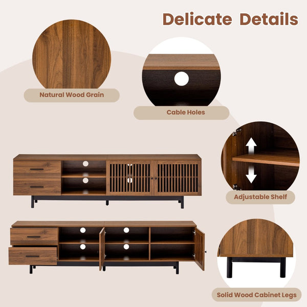 English Elm 78 Inch Walnut Media Console with Slatted Doors Solid Wood Legs and Cable Management N710P374705P
