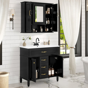 English Elm 36'' Mirror Cabinet with 3 Doors — Wall-Mounted Bathroom Storage Unit, MDF & Pine, Spacious Shelves Black N725P346902B