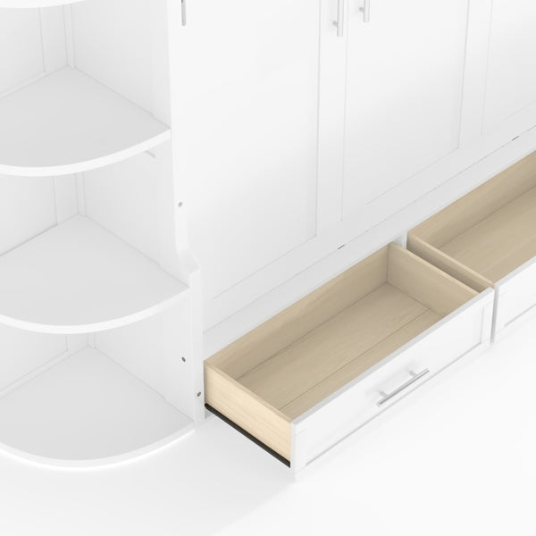 English Elm Queen Murphy Wall Bed with Side Cabinets Open Shelving and Drawers for Studio Rooms White W1580S00452