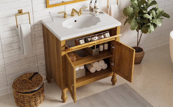 English Elm Christopher Knight Home® - 30-Inch Walnut Vanity with Seashell Resin Sink, Flip-Up Organizer, Soft-Close Doors & Legs Brown N765P33417576B