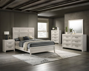 English Elm 1pc Elegant Panel Queen Bed with Framed Headboard and Recessed Detailing for Serene Bedroom Retreat Antique White 82.05 L x 33.98 W x 5.91 H B2741S00598