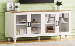 English Elm ON-TREND Farmhouse TV Stand 63" with Tempered Glass Doors, Adjustable Shelves, Solid Wood Legs, Elegant Storage White+Natural N721P206052K