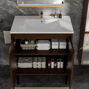 English Elm 30 Inch Floating Bathroom Vanity Matte Brown Wall-Mount MDF with Large Drawers Durable Storage PMID W3520P349558