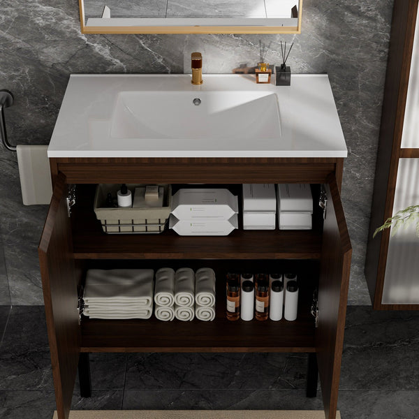 English Elm 30 Inch Floating Bathroom Vanity Matte Brown Wall-Mount MDF with Large Drawers Durable Storage PMID W3520P349558