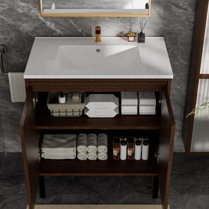 English Elm 36 Inch Floating Bathroom Vanity with 3d Carved Panel Front and Large Storage Drawers W3520P428225