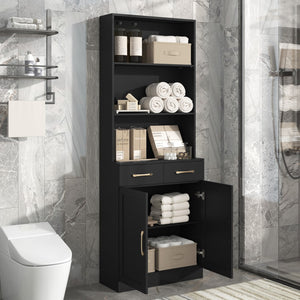 English Elm Bathroom Storage Cabinet, Cabinet With Two Doors and Drawers, Adjustable Shelf, Three-Layer Open Shelf, Mdf Board, Black