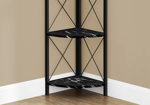 English Elm Bookshelf, Corner Etagere with Black Marble Laminate and Metal Frame for Modern Spaces B2710P219385