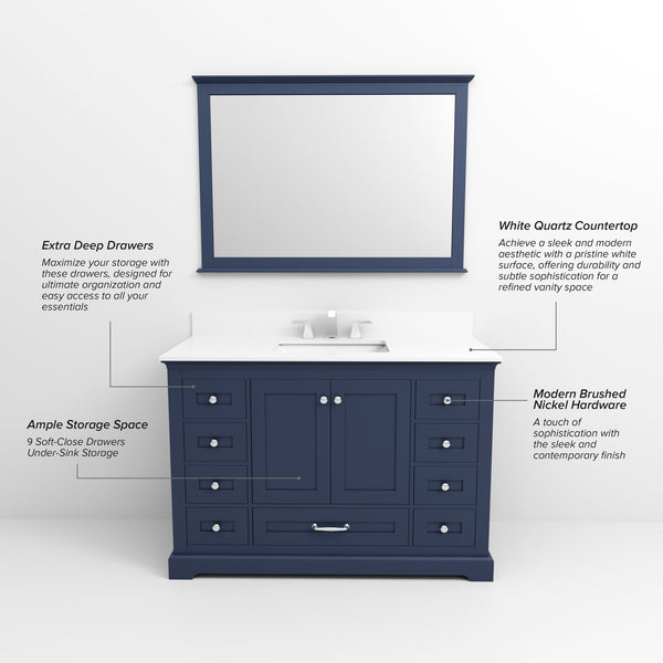 English Elm Navy Single Bath Vanity 48"W x 22"D with White Quartz Top, Chrome Faucet, 46" Mirror, Durable Finish B2731S01239