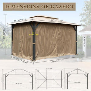 English Elm 10'x13' Outdoor Gazebo Steel Frame Double Roof Patio Shelter with Netting and Curtains Brown W1859P425842