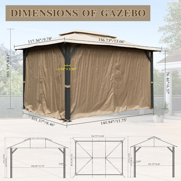 English Elm 10'x13' Outdoor Gazebo Steel Frame Double Roof Patio Shelter with Netting and Curtains Brown W1859P425842