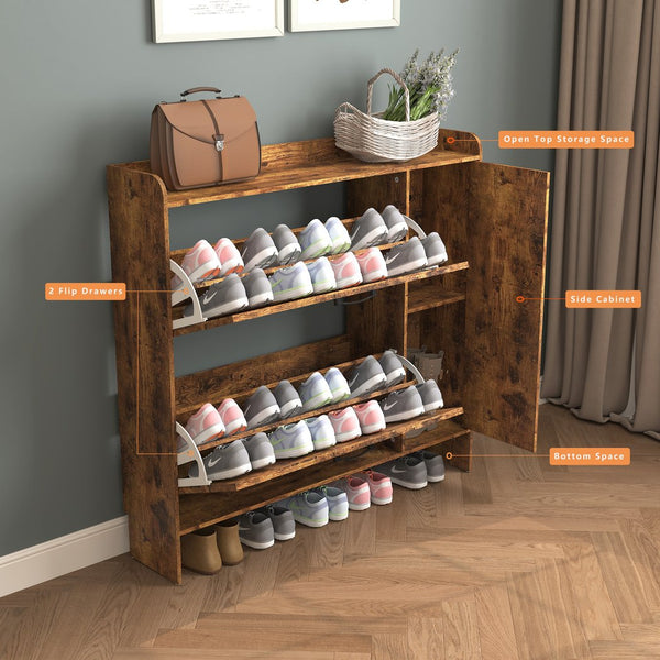 English Elm Shoe Storage Cabinet with Mirror & 2 Flip Drawers, Narrow Freestanding Organizer with Metal Legs for Entryway, Rustic Brown W2129P299615