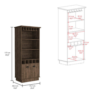 English Elm Dundee Tall White Bar Cabinet with Glass Panel Doors Open Cubbies and Display Shelves B200S00384