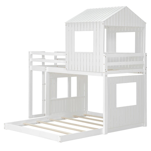 English Elm Wooden Twin Over Full Bunk Bed Farmhouse Playhouse Design with Ladder Guardrails LT000327AAK-1