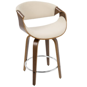 English Elm Curvini Mid-Century Counter Stool with Walnut Frame and Luxe Fabric Upholstery, Swivel Pair Cream B202P221708