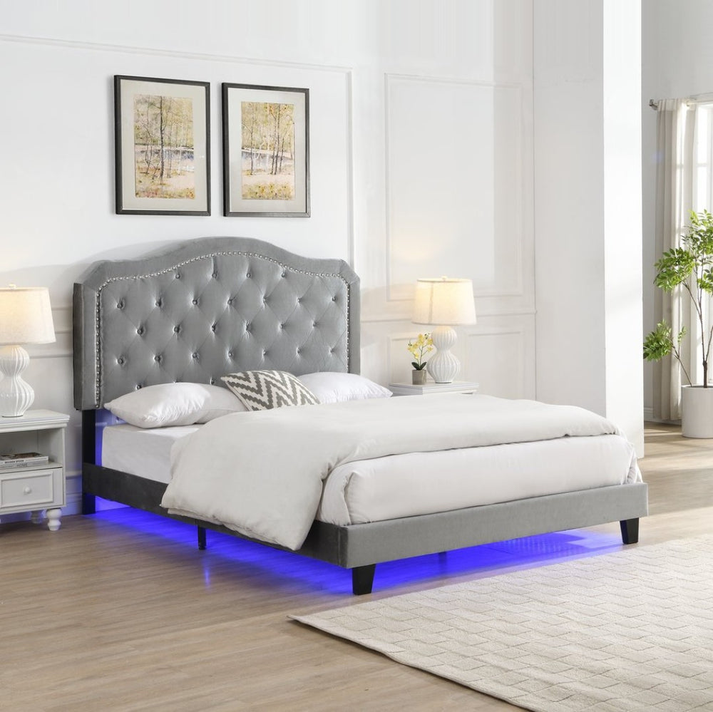 English Elm Upholstered Queen Platform Bed Grey Velvet Tufted Curved Headboard with Led Lighting W311P228694