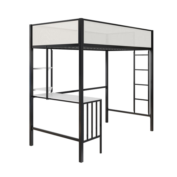 English Elm Axel Twin Loft Bed with Desk, Shelves & Mesh Guardrails — Space-Saving Metal Frame for Kids Teens Dorms B2733P358857