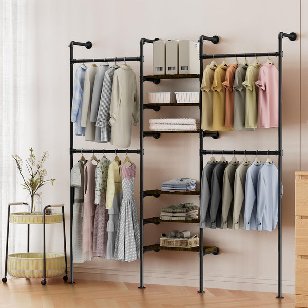 English Elm Industrial Pipe Clothing Rack - Wall-Mounted Heavy-Duty Garment Storage System With Adjustable Shelves T3210P392614