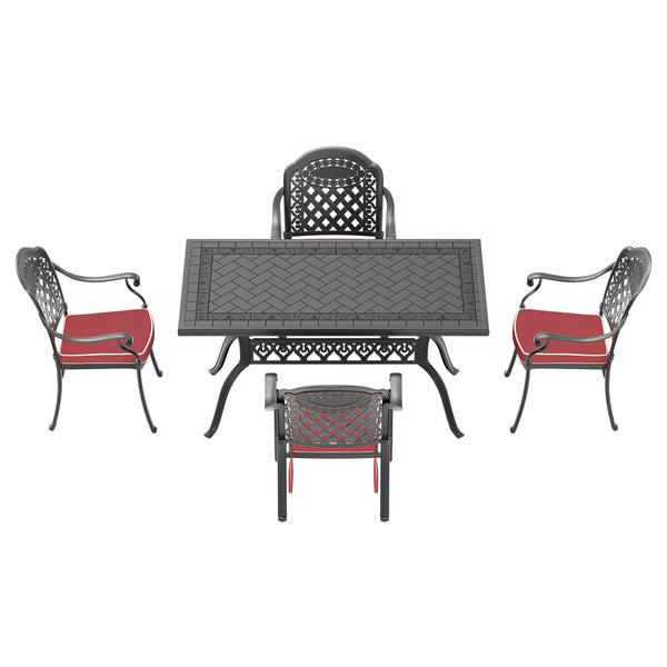 English Elm 5-Piece Elegant Cast Aluminum Patio Set With Red Cushions – Durable, Comfortable, And Stylish Outdoor Dining W1710S00081