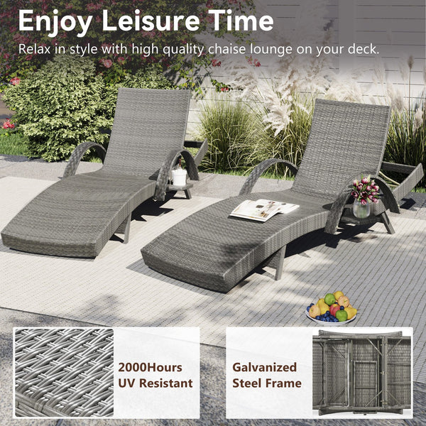 English Elm K&K 80" Outdoor Wicker Chaise Lounge Set of 2 with 2000H UV Wicker, Pull-Out Side Table, 4-Position Recliner Grey WF321204AAE