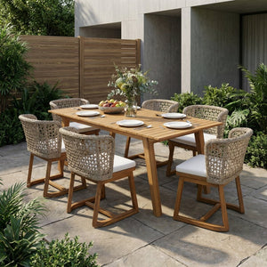English Elm 69" Outdoor Acacia Wood Patio Dining Set Seats Six with Wicker Back Chairs Teak Finish N773OD00135B