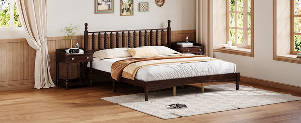 English Elm King Retro Wood Platform Bed with Gourd Headboard, Walnut Finish, Sturdy Slat Support, No Box Spring Needed N733P338316D