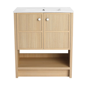 English Elm 30" Freestanding Bathroom Vanity with Ceramic Sink, Oak Plywood Finish, Soft-Closing Doors, Open Shelf W1972S00024