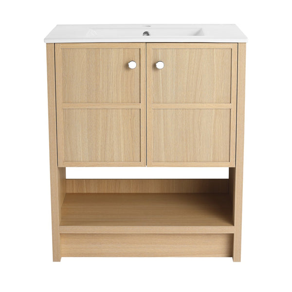 English Elm 30" Freestanding Bathroom Vanity with Ceramic Sink, Oak Plywood Finish, Soft-Closing Doors, Open Shelf W1972S00024