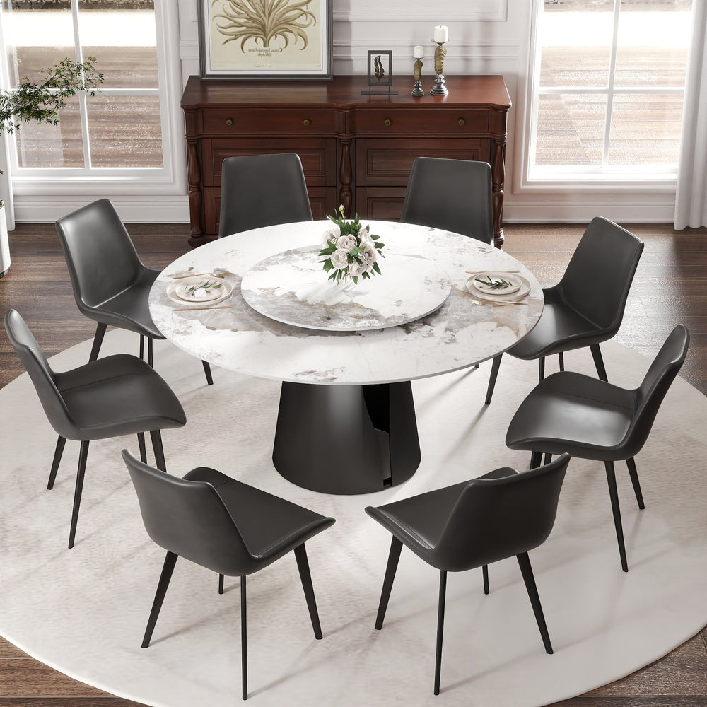 English Elm 59.05"Modern 59.05" Modern Round Dining Table With White Sintered Stone Top & Black Steel Base For 6-8 People W1535S00443