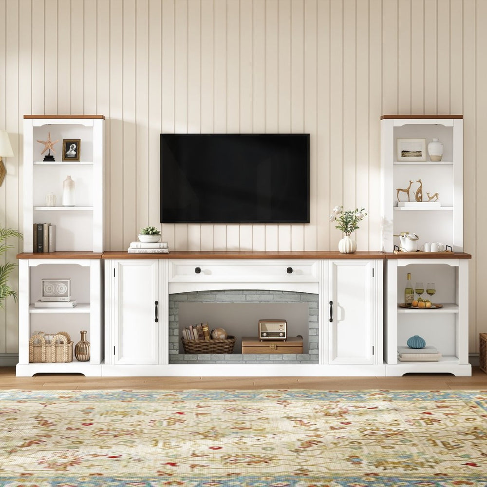 English Elm 3-piece Farmhouse Entertainment Center with Curved Cabinets Walnut Mdf Modular Living Room White N721S000068K