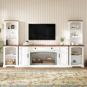 English Elm 3-piece Farmhouse Entertainment Center with Curved Cabinets Walnut Mdf Modular Living Room White N721S000068K