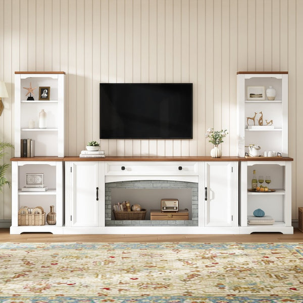 English Elm 3-piece Farmhouse Entertainment Center with Curved Cabinets Walnut Mdf Modular Living Room White N721S000068K