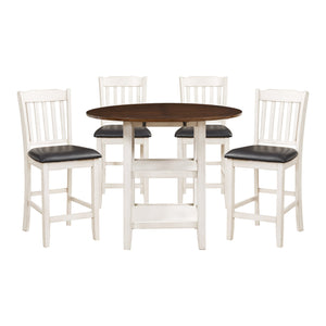 English Elm White Two-Tone 5pc Counter Height Dining Set with Drop Leaves, Open Shelf Base & Faux Leather Seats B011S01377