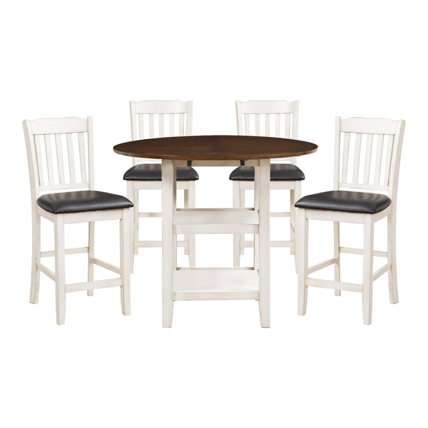 English Elm White Two-Tone 5pc Counter Height Dining Set with Drop Leaves, Open Shelf Base & Faux Leather Seats B011S01377