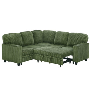 English Elm L-shaped Sectional Sleeper Sofa with Hidden Storage Usb Charging Corduroy Upholstery Olive Green W1998S00095