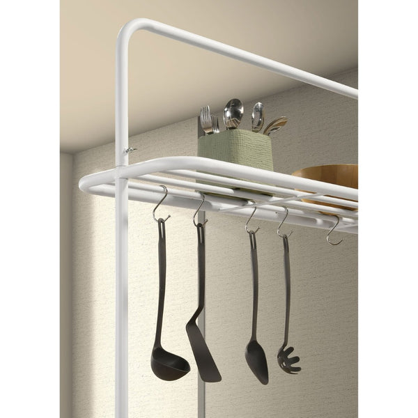 English Elm Cowichan Farmhouse Kitchen Island with Butcher Block Top Open Shelves and Pot Rack B062S01487