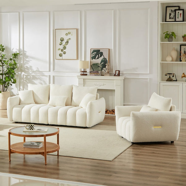 English Elm 3 Plus 1 Seater Teddy Fleece Sofa Set Wooden Frame Foam Spring Living Room Pair Beige W1193S00189