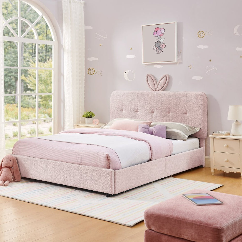 English Elm Full Size Kids Storage Bed Boucle Upholstered Rabbit Ear Headboard with Led Lighting Pink W1413P384923