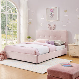 English Elm Full Size Kids Storage Bed Boucle Upholstered Rabbit Ear Headboard with Led Lighting Pink W1413P384923
