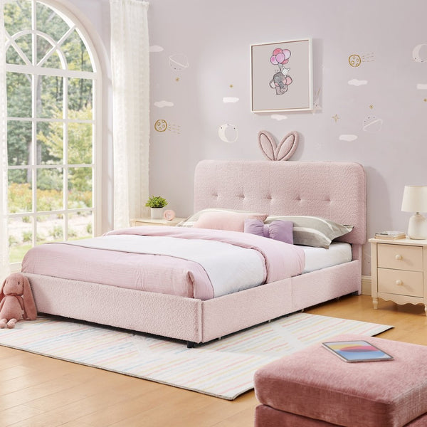 English Elm Full Size Kids Storage Bed Boucle Upholstered Rabbit Ear Headboard with Led Lighting Pink W1413P384923