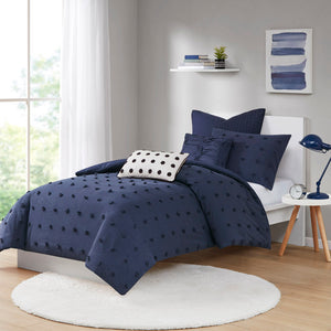 JLA Home Urban Habitat - Cotton Brooklyn Cotton Jacquard Duvet Set with Tufted Chenille Dots, Quilted Euro Shams, Pillows Navy UH12-2264