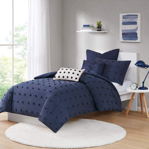 JLA Home Urban Habitat - Cotton Brooklyn Cotton Jacquard Duvet Set with Tufted Chenille Dots, Quilted Euro Shams, Pillows Navy UH12-2264
