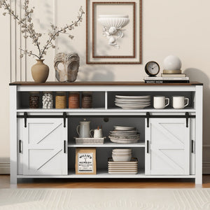 English Elm U_STYLE Farmhouse 59.3" Sideboard with Sliding Barn Doors, Mesh Panels, Open Shelves & Sturdy Top Brown+White N711P347388K