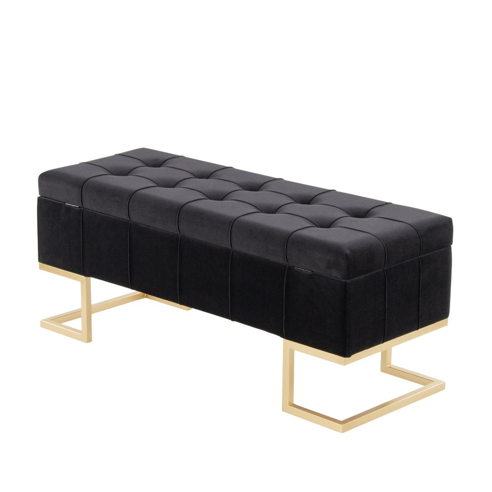 English Elm Storage Bench with Button Tufted Velvet Seat and Gold Tapered Legs for Bedroom B202P471510