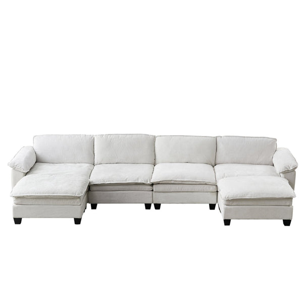 English Elm Living Room U-shape Chenille Sectional Sofa with Two Ottomans Pocket Coil Support Beige W1097S00237