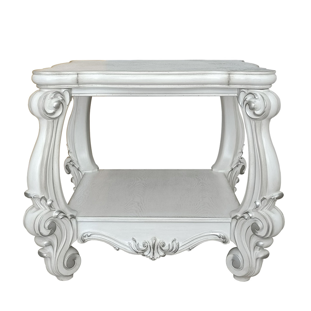 English Elm Bone White Romantic End Table with Bottom Shelf, Floral Carved Legs, Timeless Traditional Charm and Storage B062P189090